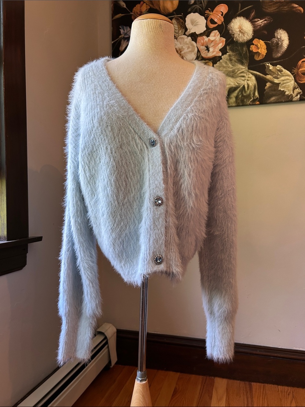 Guess Pale Blue Fuzzy V‑Neck Buttoned Cardigan
